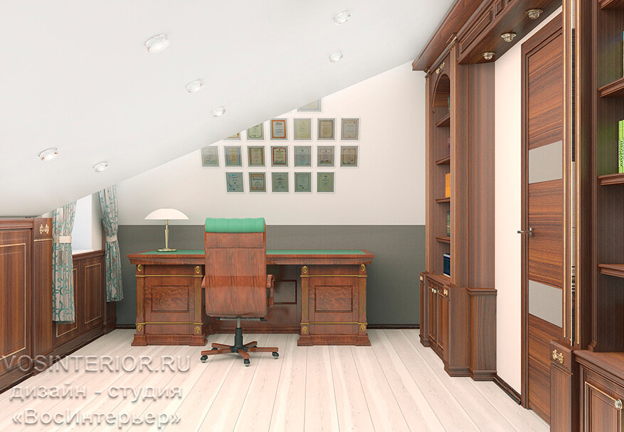 Дизайн кабинета в мансарде таунхауса