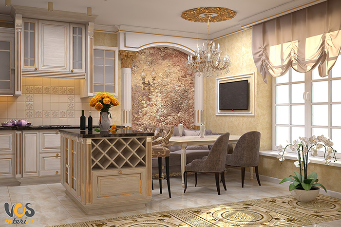Дизайн интерьера гостиной-кухни в классическом стиле фото-2