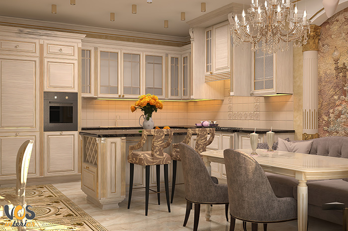 Дизайн интерьера гостиной-кухни в классическом стиле фото-3