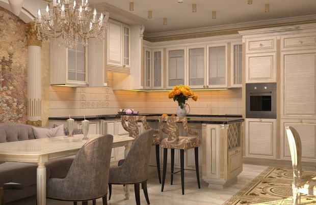 дизайн интерьера гостиной-кухни в классическом стиле
