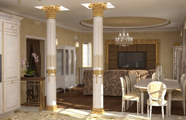 дизайн интерьера гостиной-кухни в классическом стиле