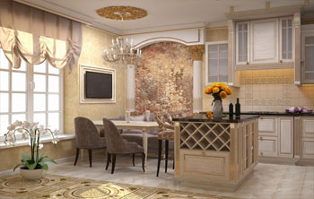 Дизайн гостиной-кухни в классическом стиле